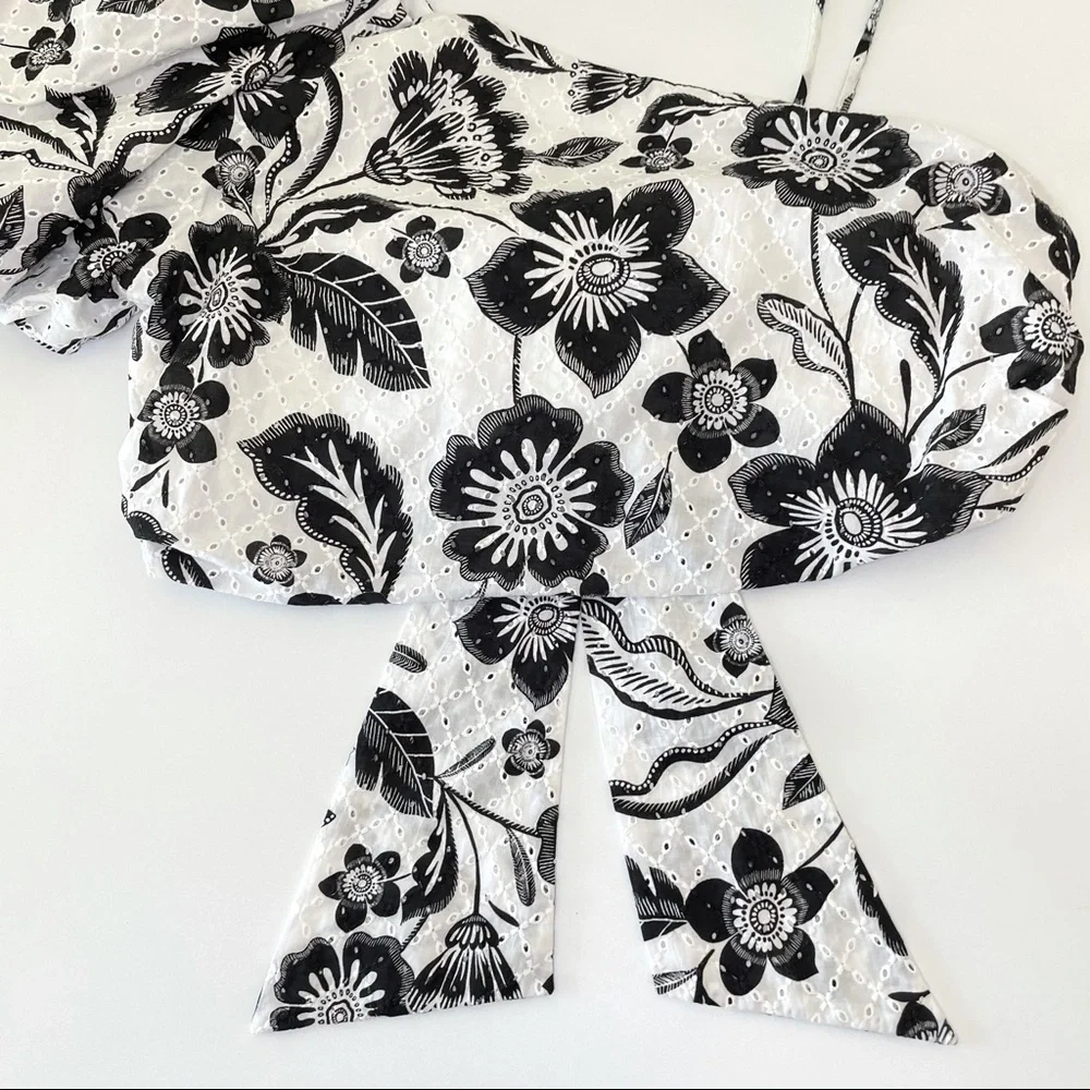 NWT Anthropologie Maeve One Shoulder Black White Floral Eyelet Bow Back Blouse